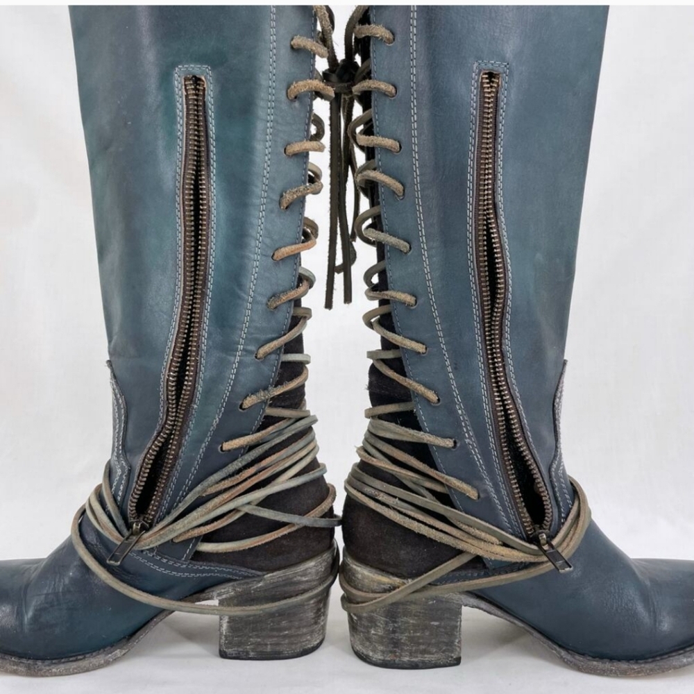 Freebird by Steven Blue Lace-Up Knee-High Boots with Side Zip - Picture 12 of 14